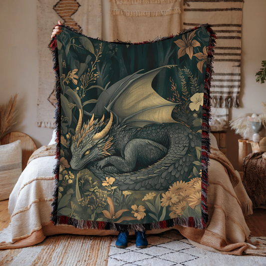 Green Sleeping Dragon in Enchanted Forest Woven Blanket