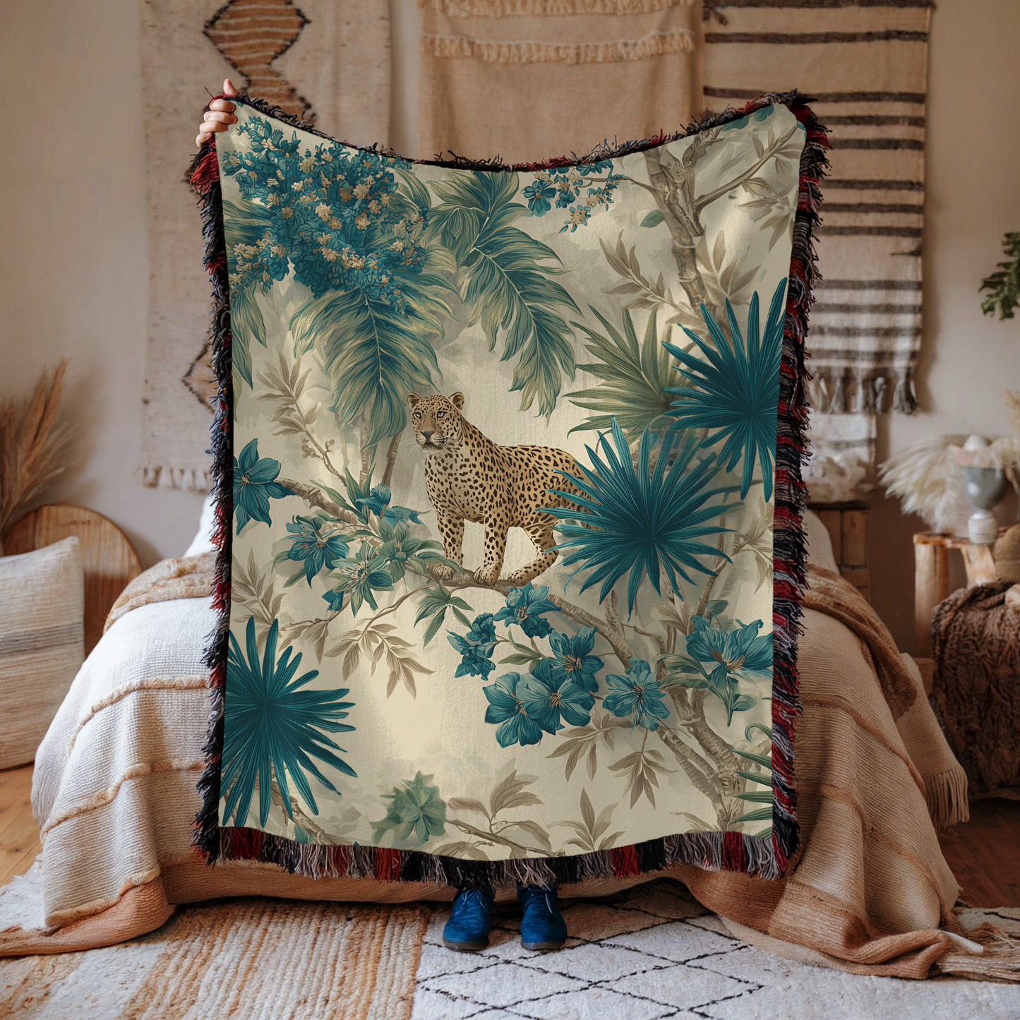 Tropical Jaguar Pattern Woven Cotton Blanket