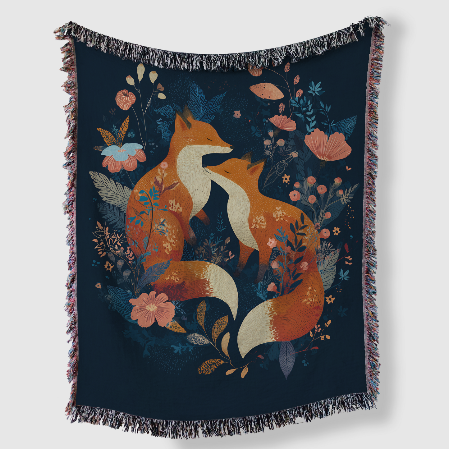 Scandi Fox Couple Fox and Floral Woven Blanket