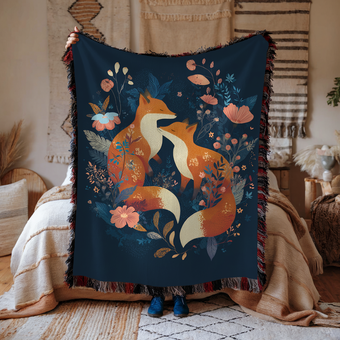 Scandi Fox Couple Fox and Floral Woven Blanket