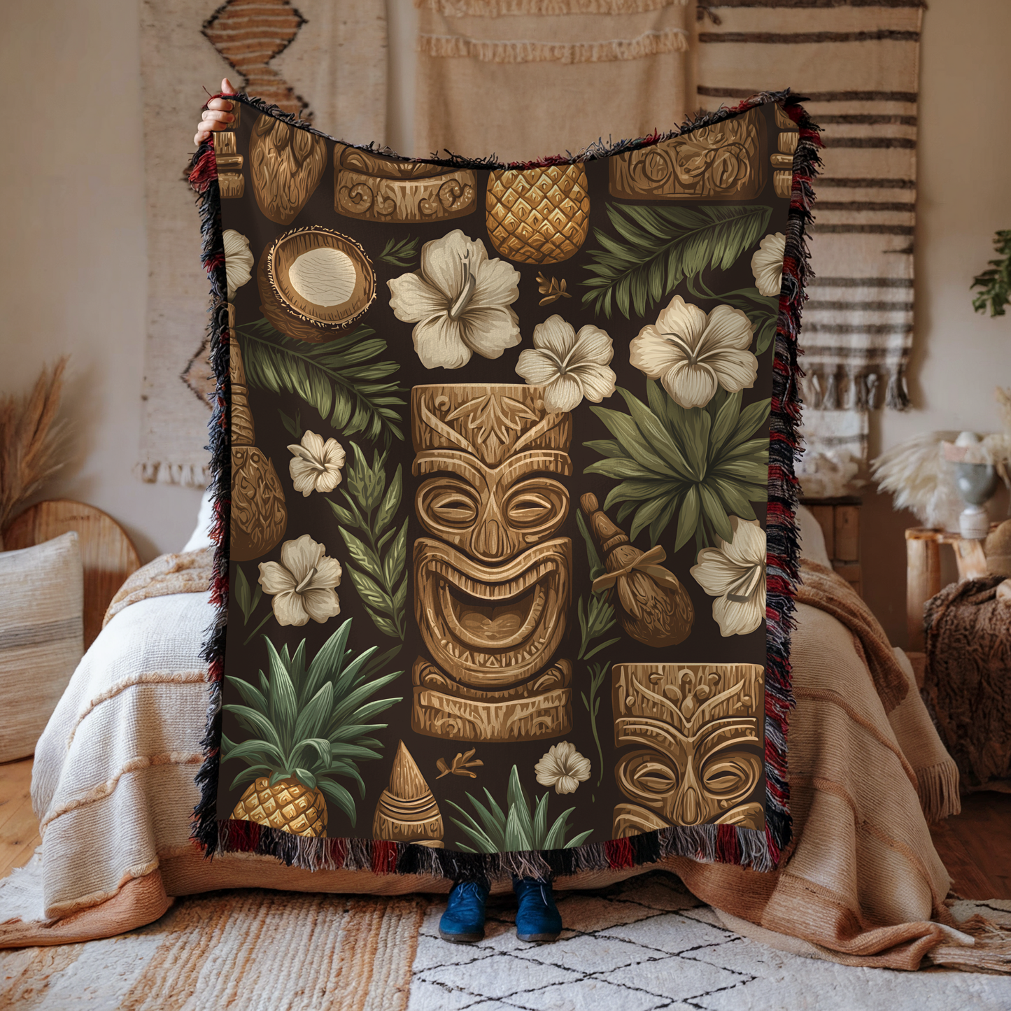 Hawaiian Tiki Floral Tropical Woven Cotton Blanket