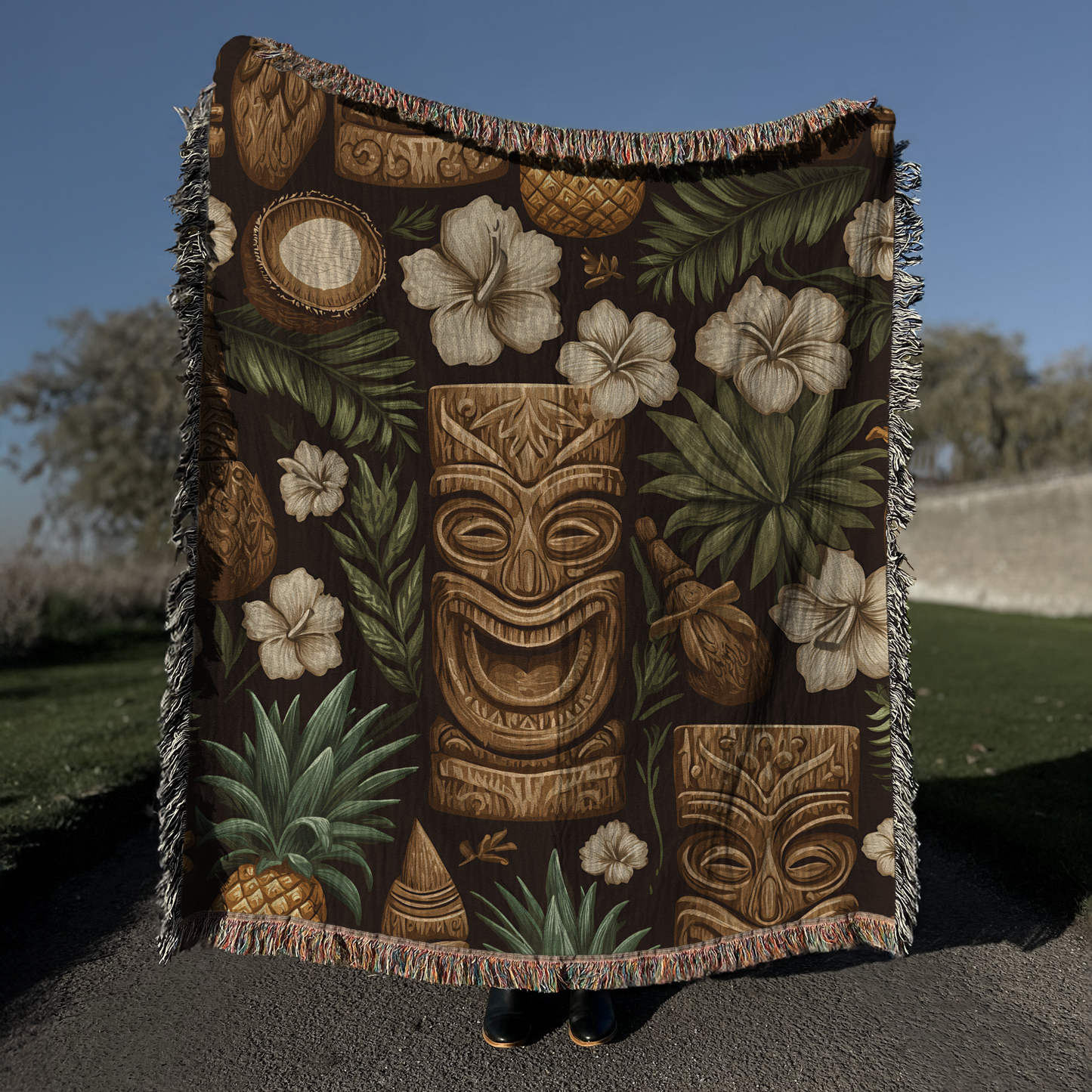 Hawaiian Tiki Floral Tropical Woven Cotton Blanket