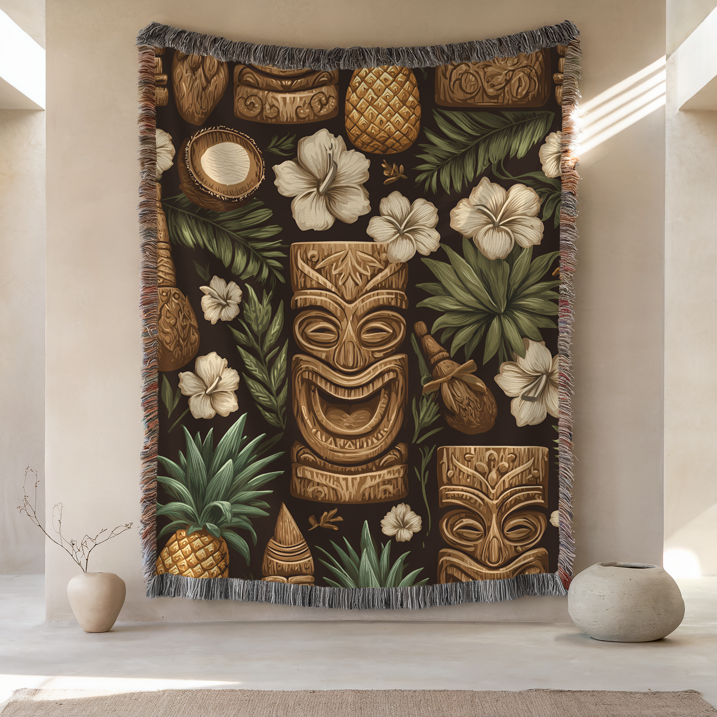 Hawaiian Tiki Floral Tropical Woven Cotton Blanket