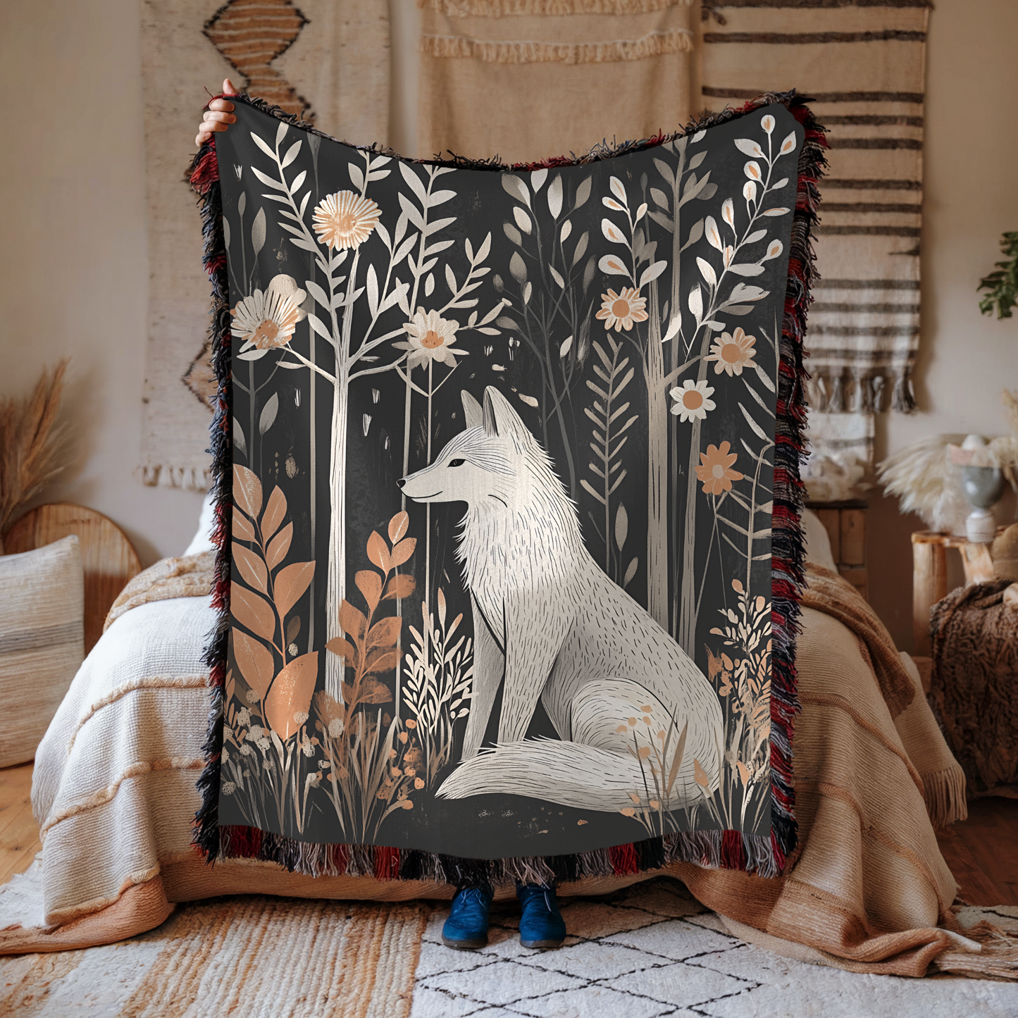Scandi White Wolf Woven Blanket