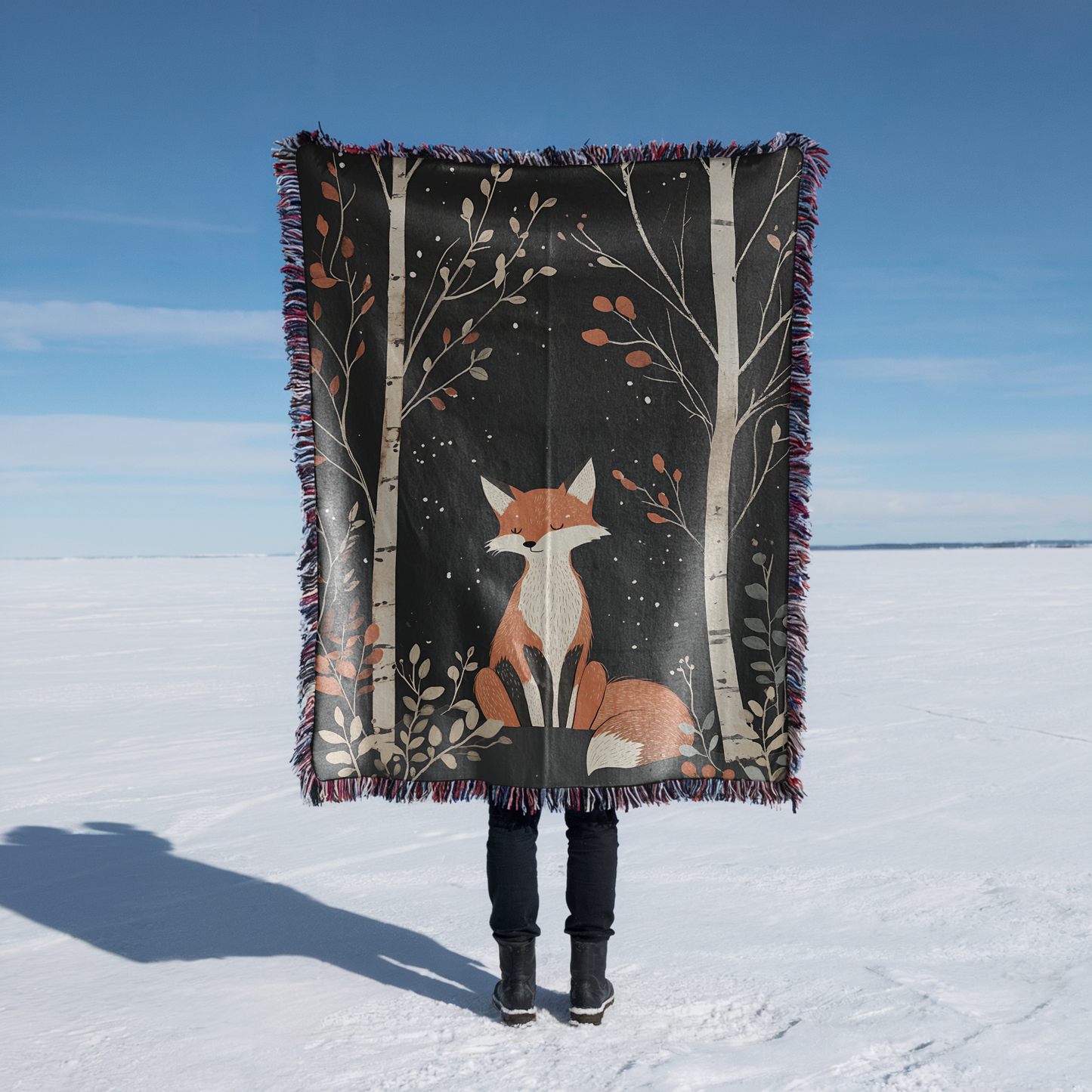 Fox and Birch Trees Scandi style Woven Blanket
