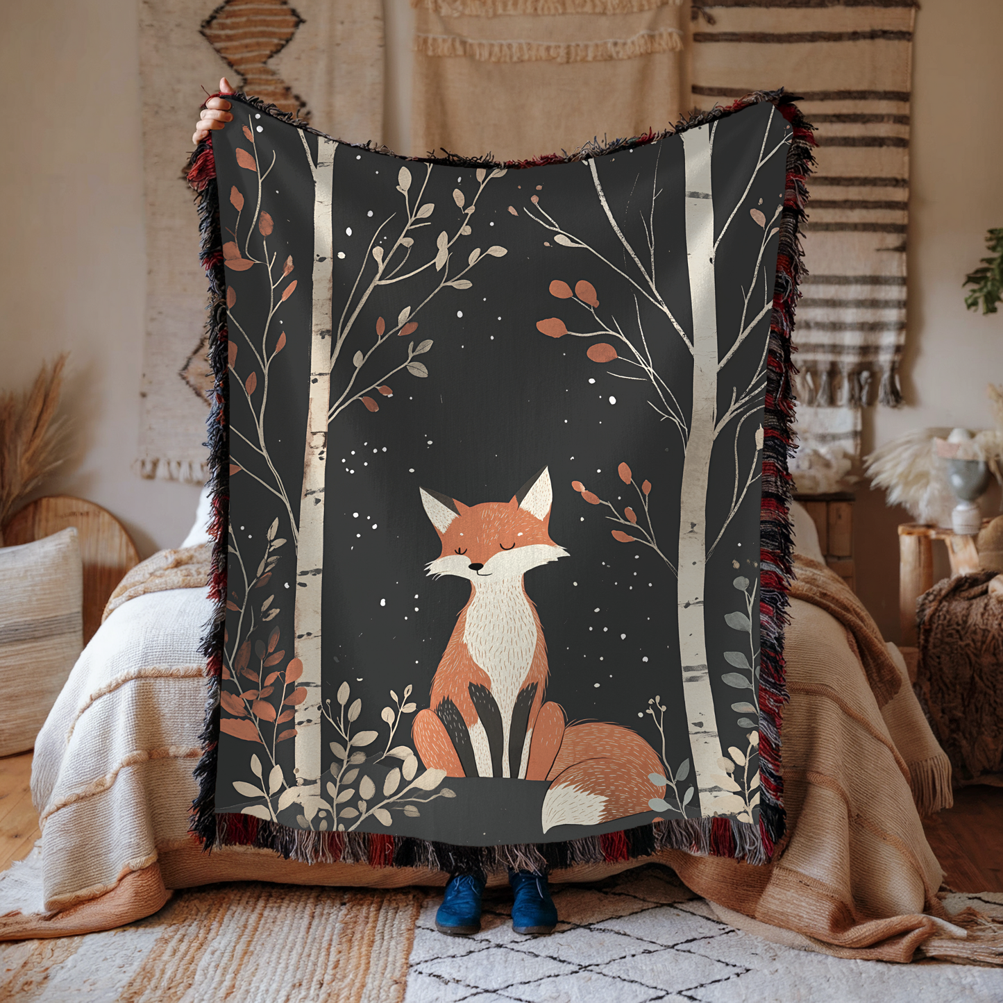 Fox and Birch Trees Scandi style Woven Blanket