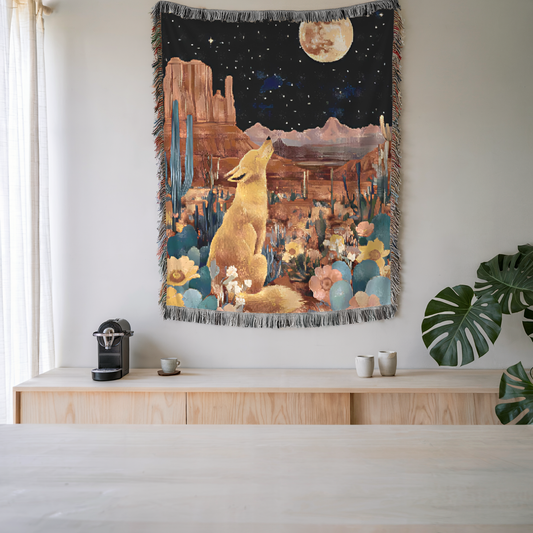 Desert Night & Coyote Woven Blanket 100% Cotton