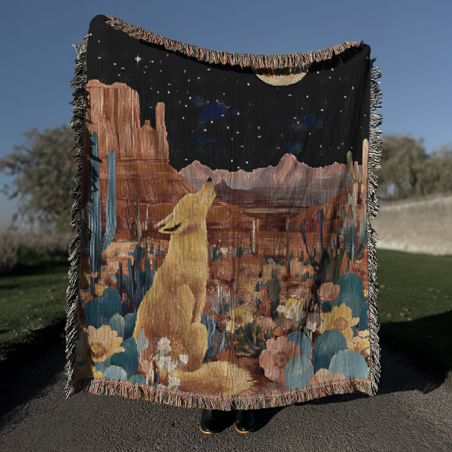 Desert Night & Coyote Woven Blanket 100% Cotton