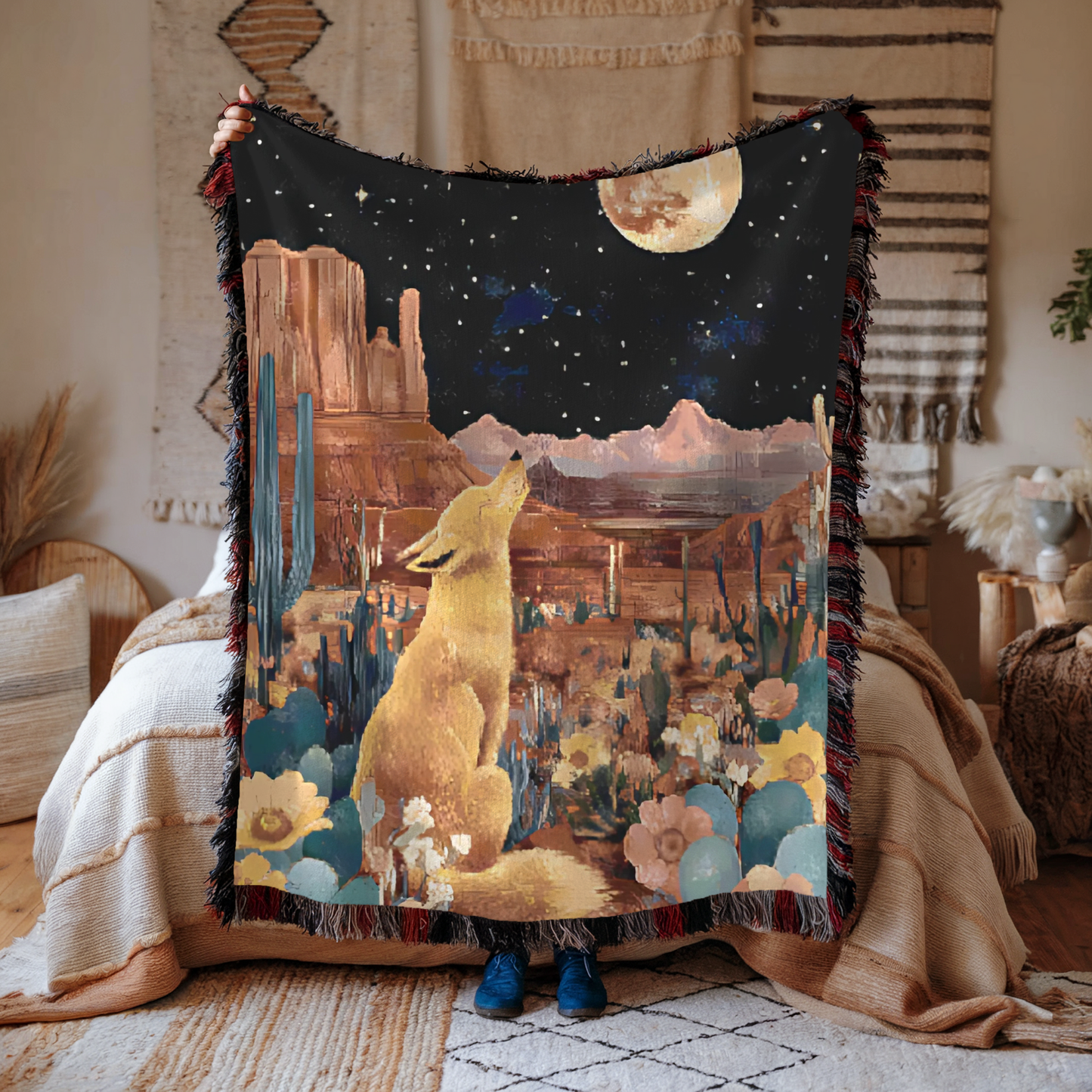 Desert Night & Coyote Woven Blanket 100% Cotton
