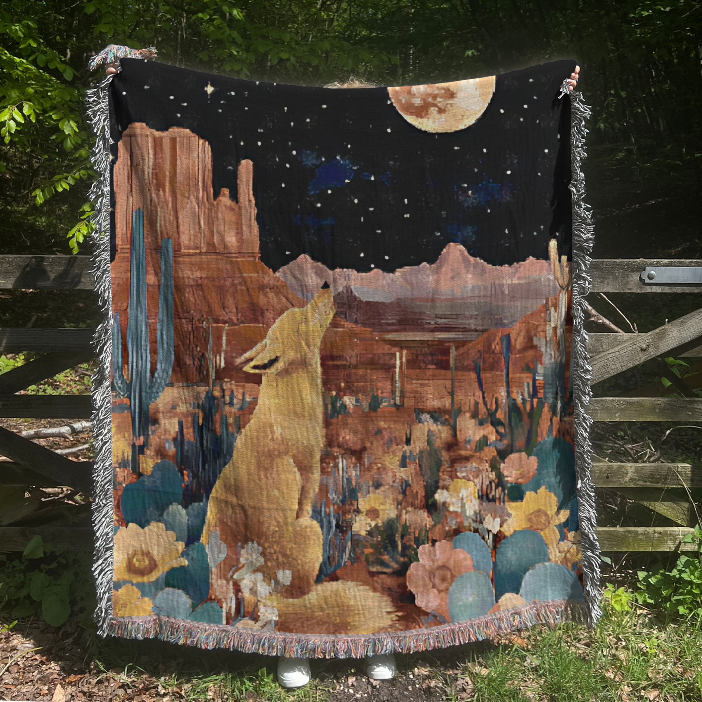 Desert Night & Coyote Woven Blanket 100% Cotton