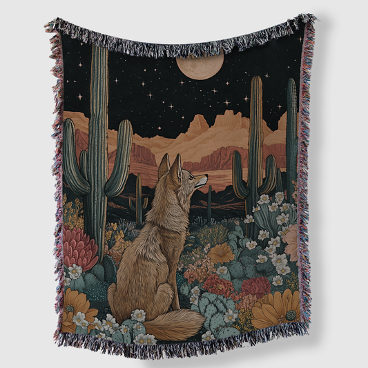 Coyote Howling at Moon Desert with Desert Flowers Woven Blanket