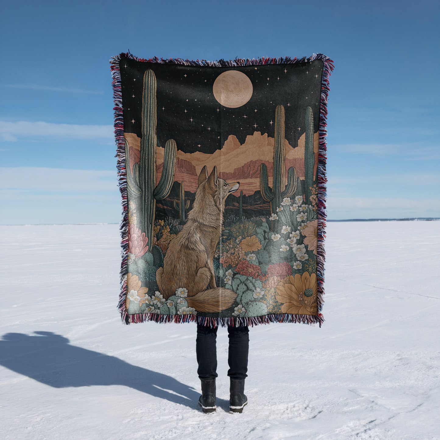 Coyote Howling at Moon Desert with Desert Flowers Woven Blanket