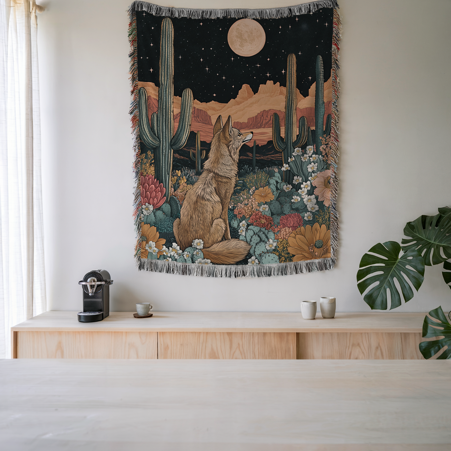 Coyote Howling at Moon Desert with Desert Flowers Woven Blanket