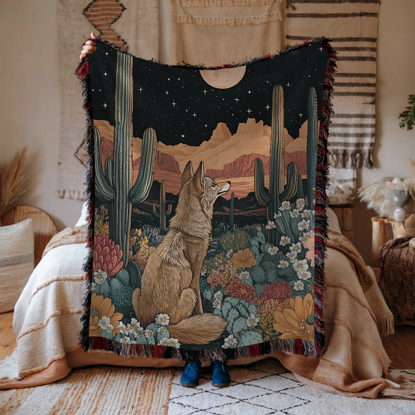Coyote Howling at Moon Desert with Desert Flowers Woven Blanket