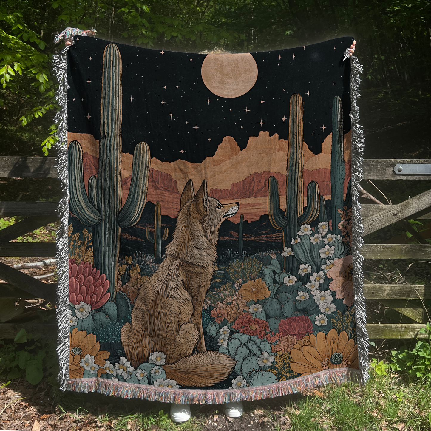 Coyote Howling at Moon Desert with Desert Flowers Woven Blanket