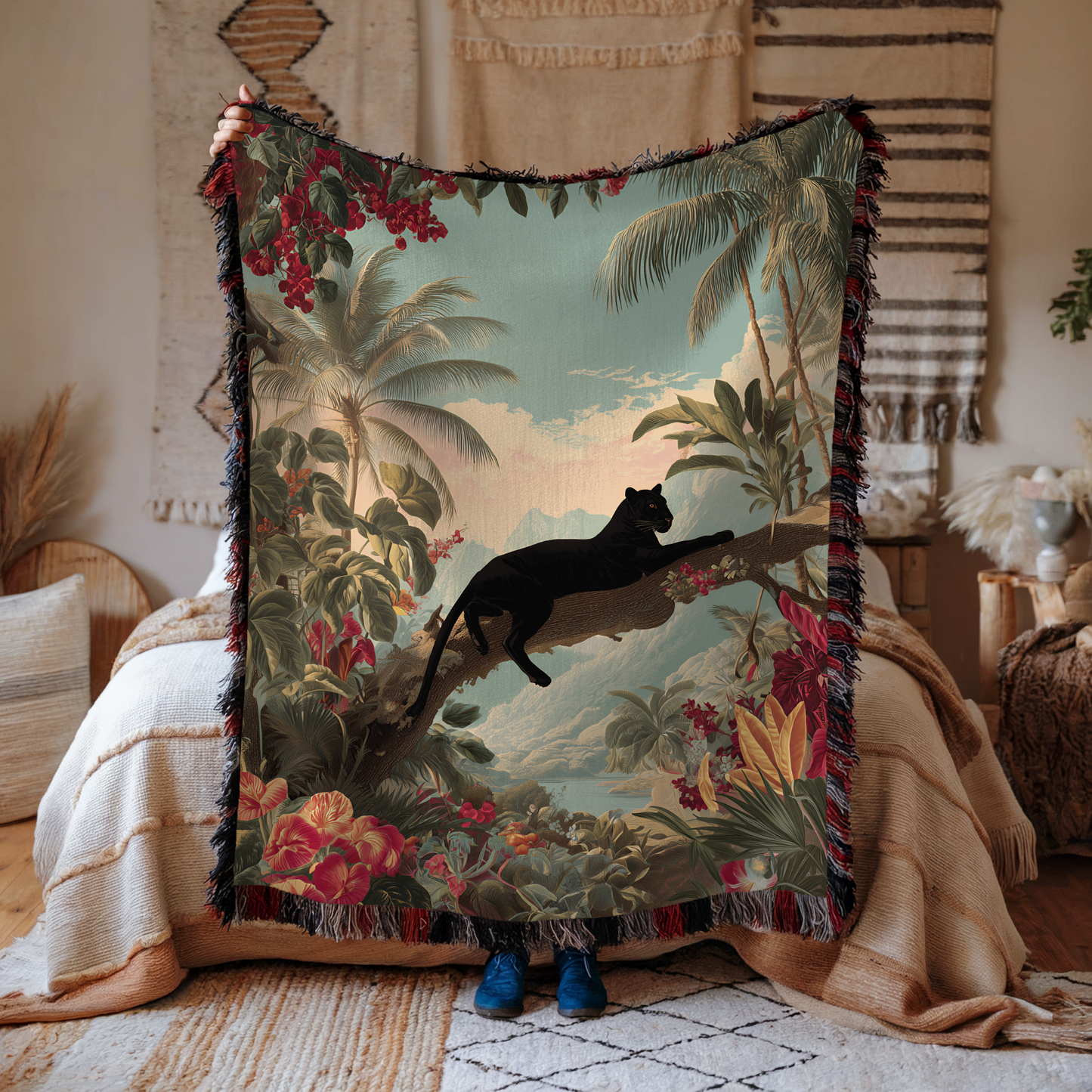 Tropical Black Panther Jungle Art Woven Blanket