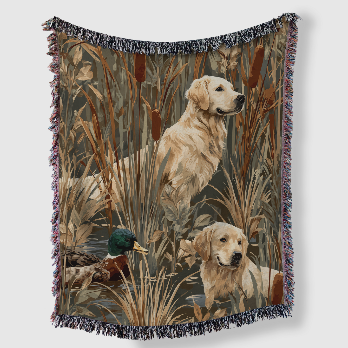 Golden Retriever and Duck Outdoors Pattern Woven Blanket