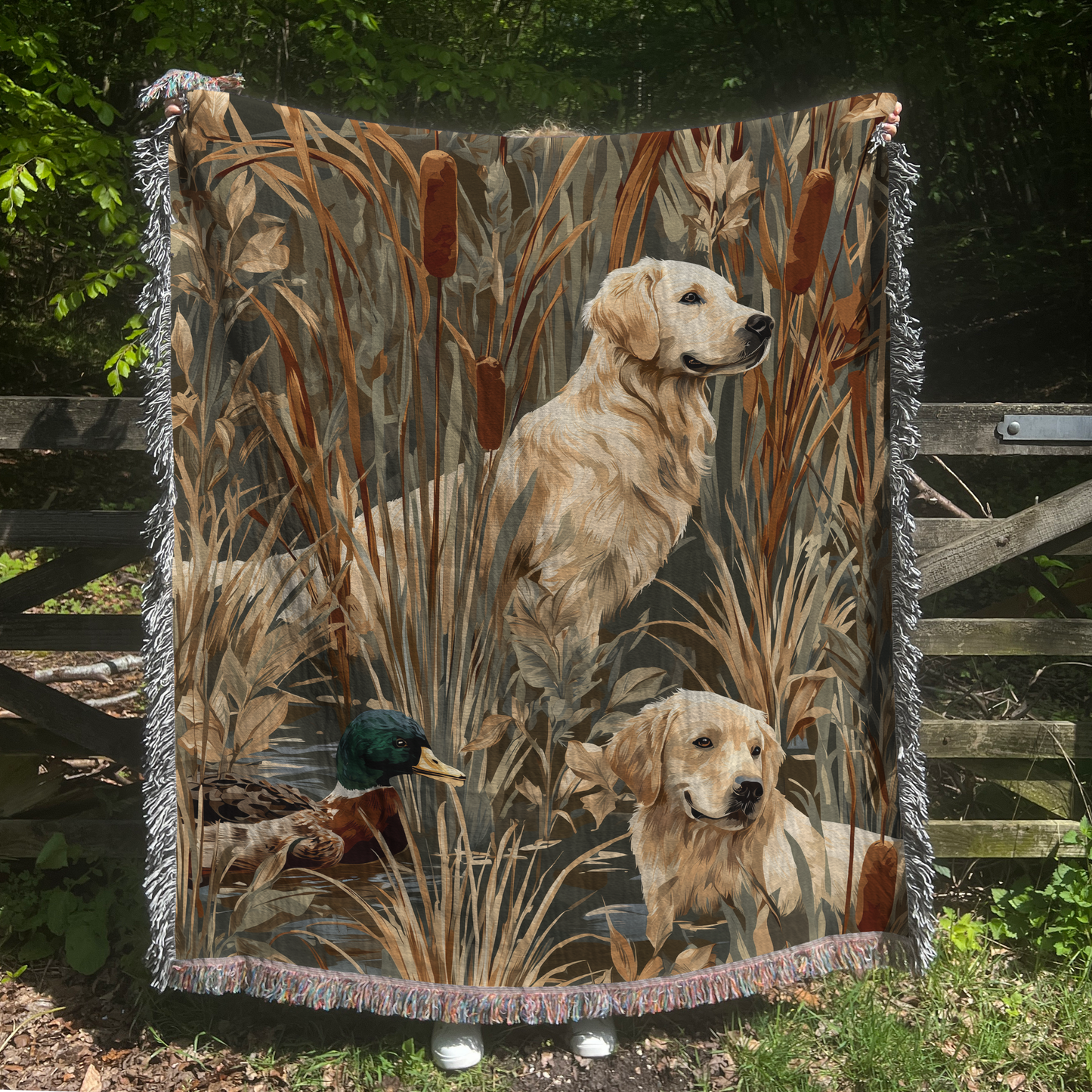 Golden Retriever and Duck Outdoors Pattern Woven Blanket