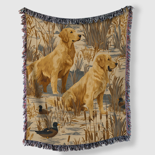 Golden Retriever and Duck Outdoors Pattern Woven Blanket