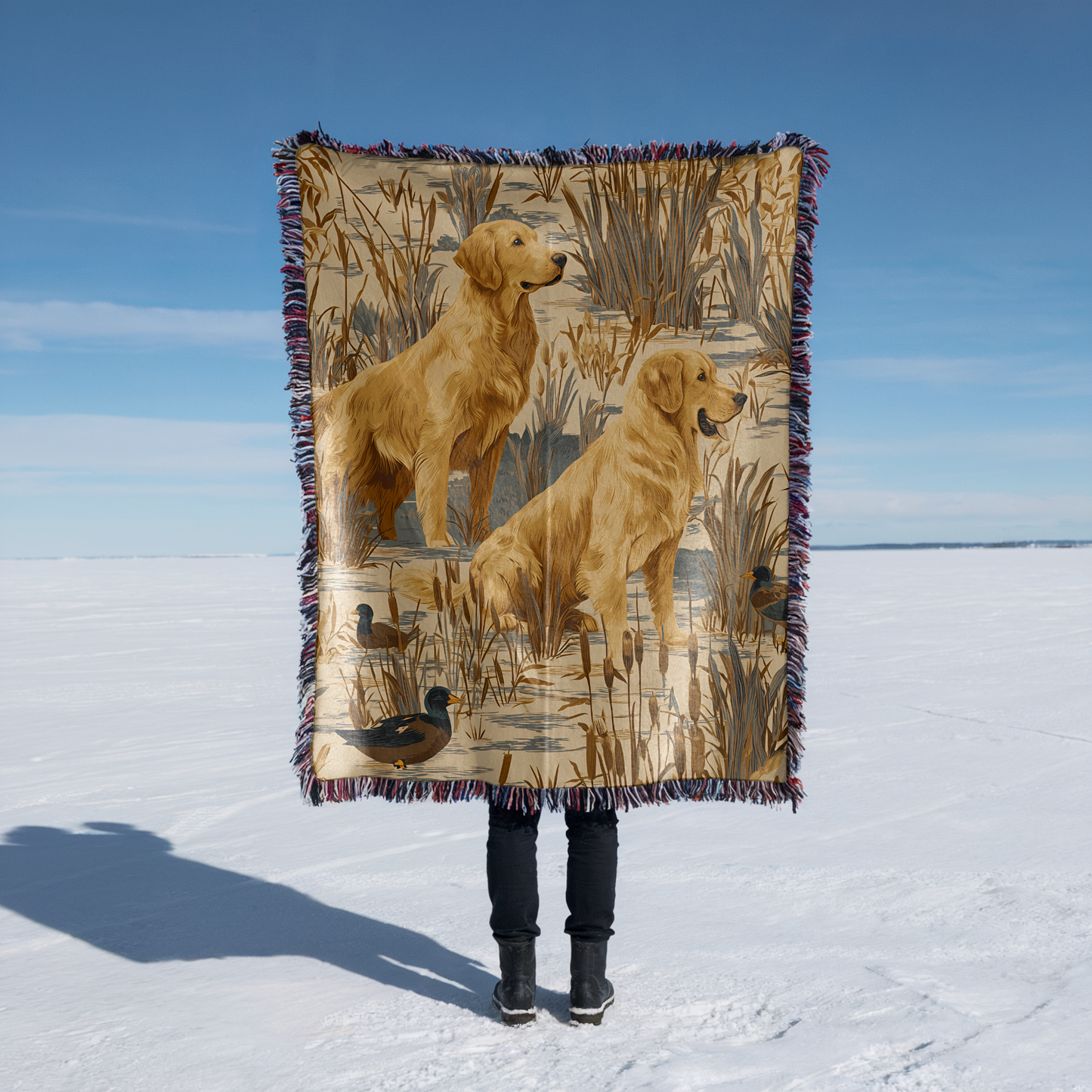 Golden Retriever and Duck Outdoors Pattern Woven Blanket