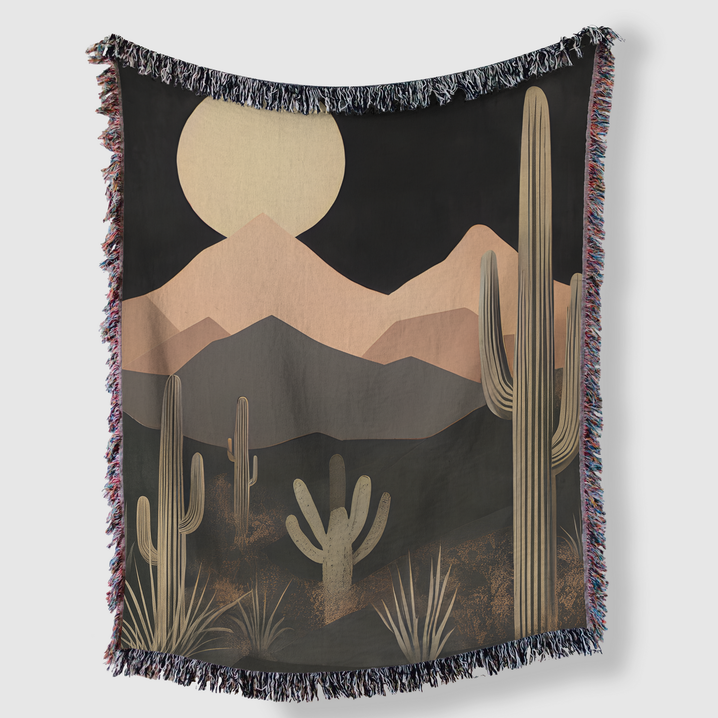 Desert Night Saguaro Cactus Woven Blanket