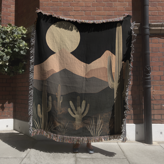 Desert Night Saguaro Cactus Woven Blanket