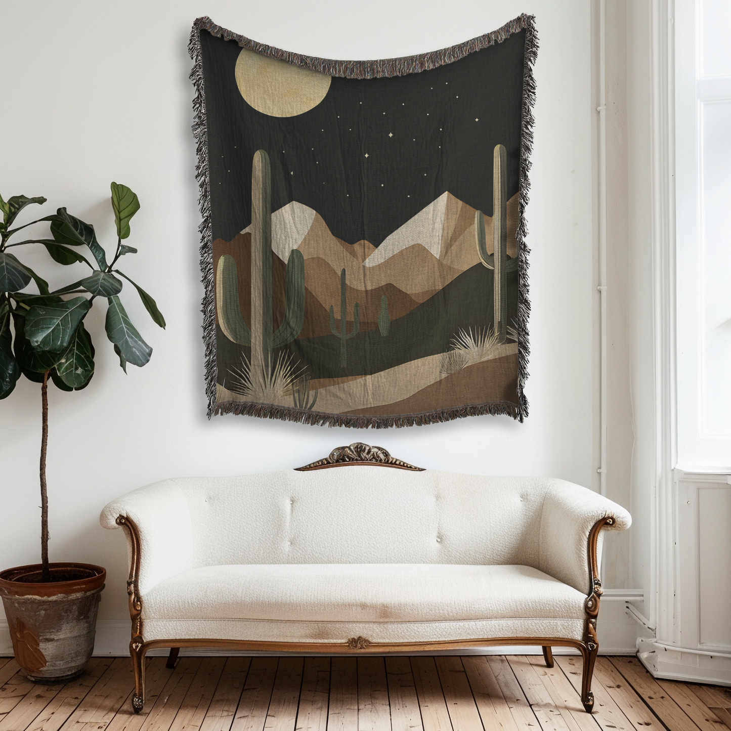 Retro Desert Night Saguaro Cactus Mountain woven blanket