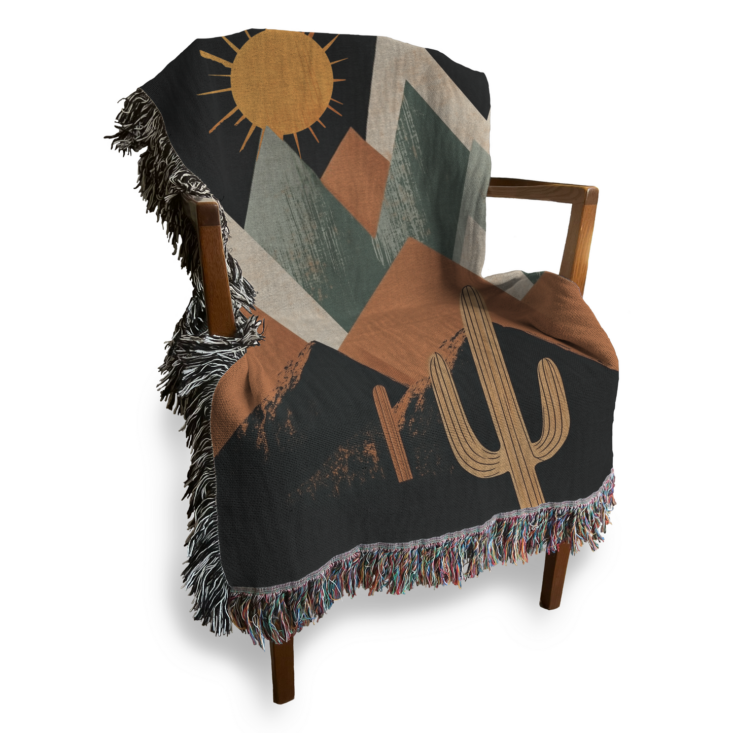 Retro Desert Night Saguaro Cactus Mountain woven blanket