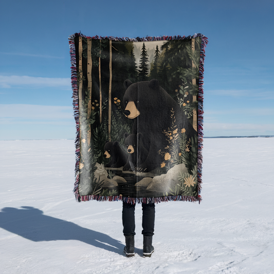Black Bear and Cubs in Pine Forest Woven Blanket Tapestry