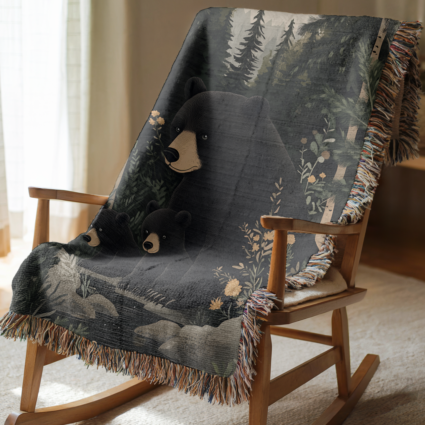Black Bear and Cubs in Pine Forest Woven Blanket Tapestry