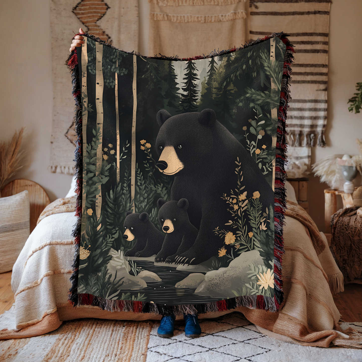Black Bear and Cubs in Pine Forest Woven Blanket Tapestry