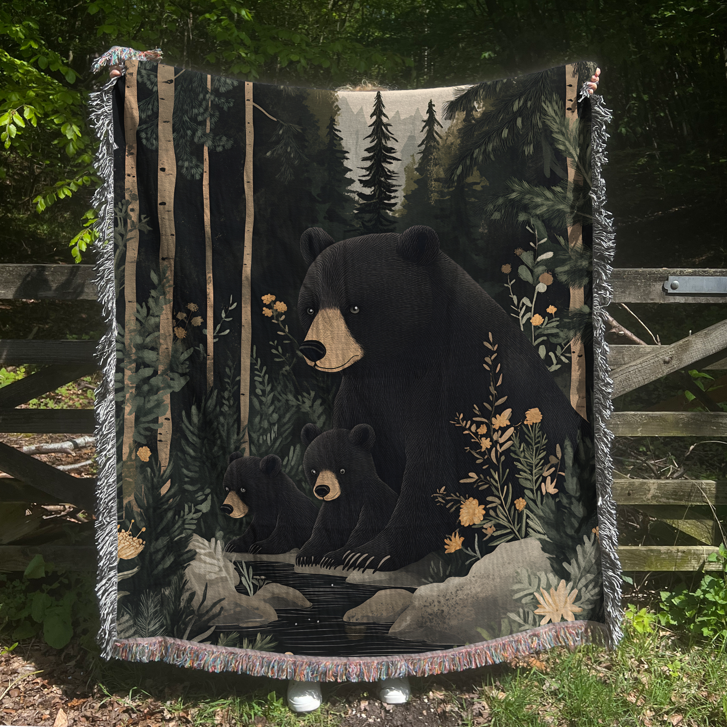 Black Bear and Cubs in Pine Forest Woven Blanket Tapestry