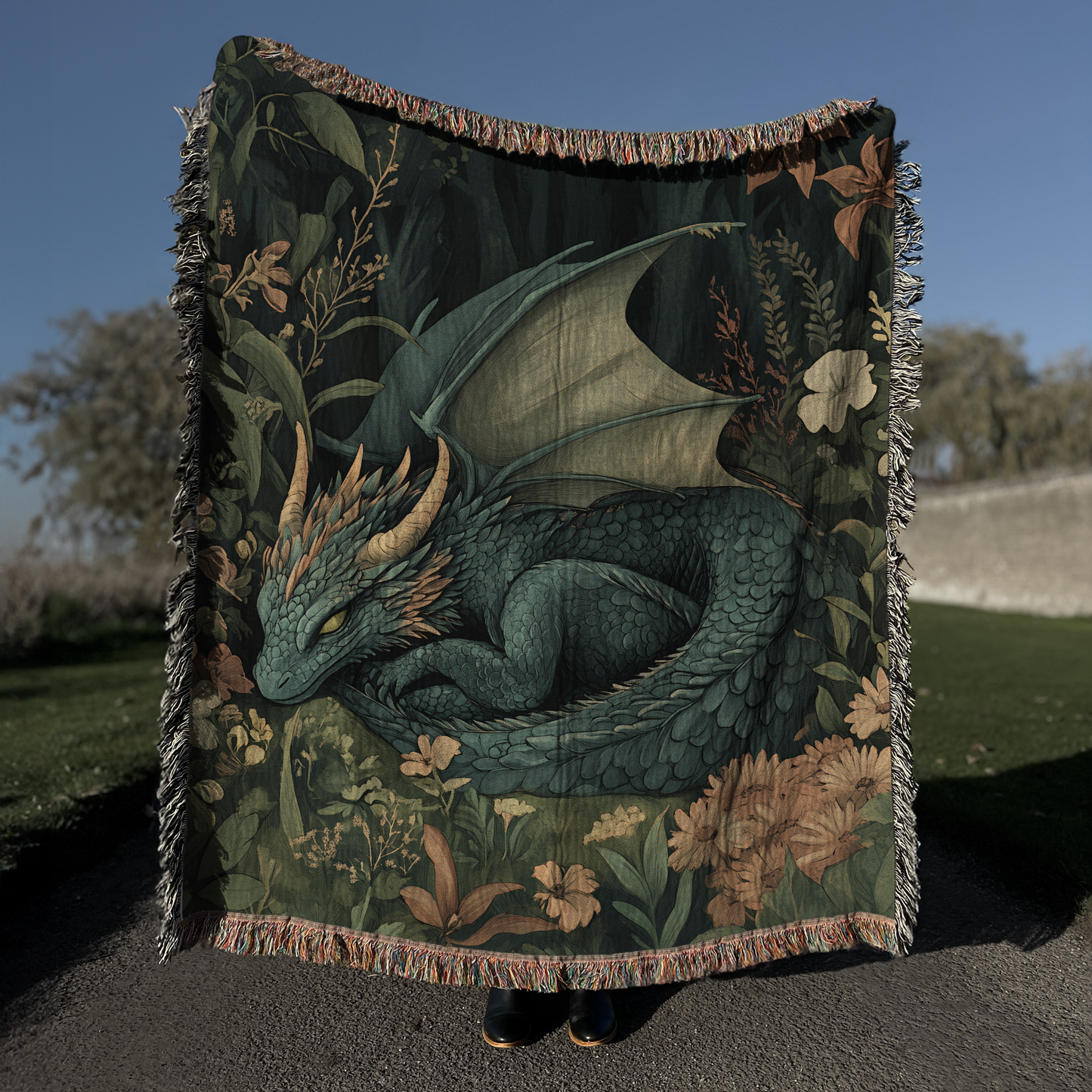Green Sleeping Dragon in Enchanted Forest Woven Blanket