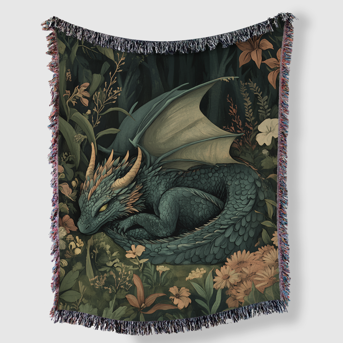 Green Sleeping Dragon in Enchanted Forest Woven Blanket