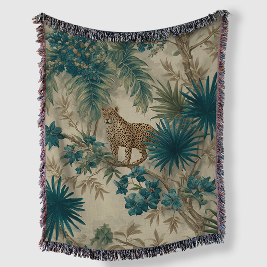 Tropical Jaguar Pattern Woven Cotton Blanket
