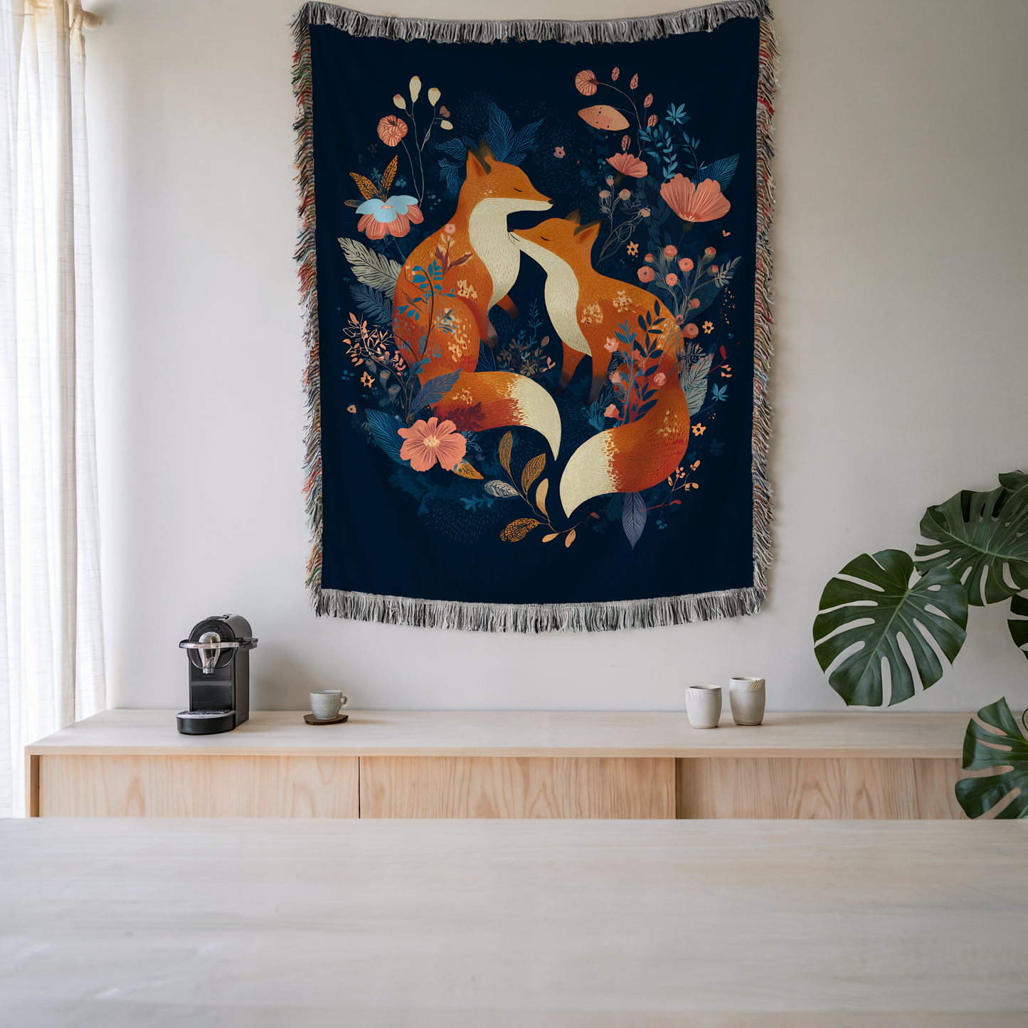 Scandi Fox Couple Fox and Floral Woven Blanket