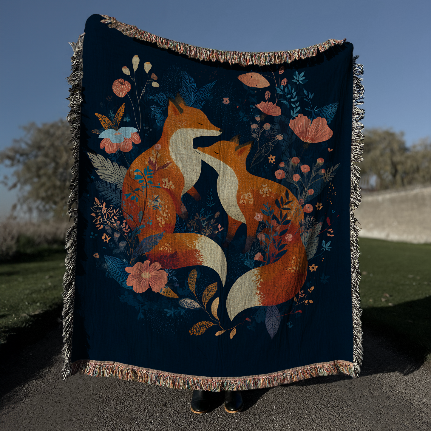 Scandi Fox Couple Fox and Floral Woven Blanket