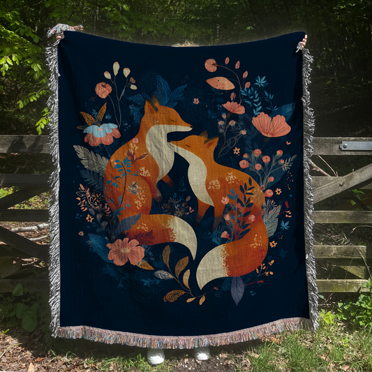 Scandi Fox Couple Fox and Floral Woven Blanket