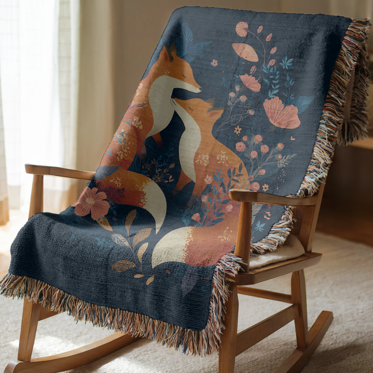 Scandi Fox Couple Fox and Floral Woven Blanket