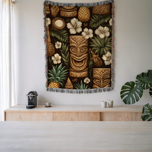 Hawaiian Tiki Floral Tropical Woven Cotton Blanket