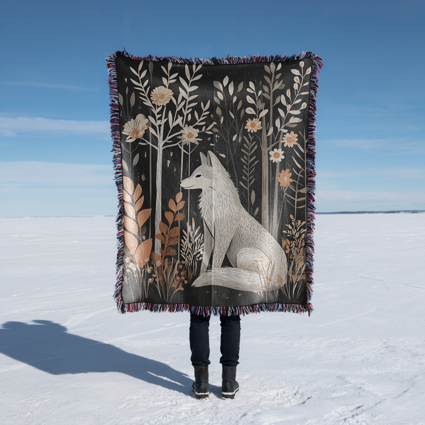 Scandi White Wolf Woven Blanket