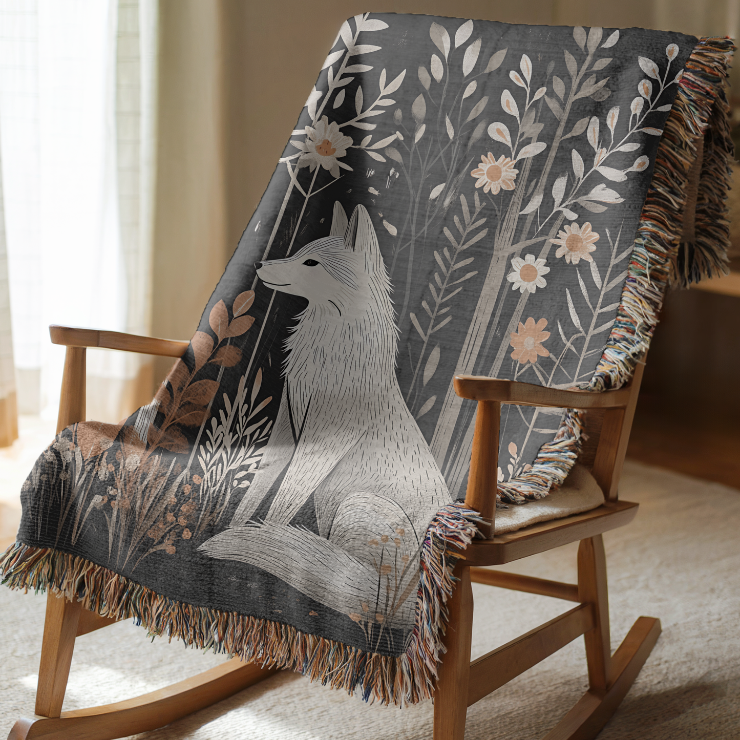 Scandi White Wolf Woven Blanket