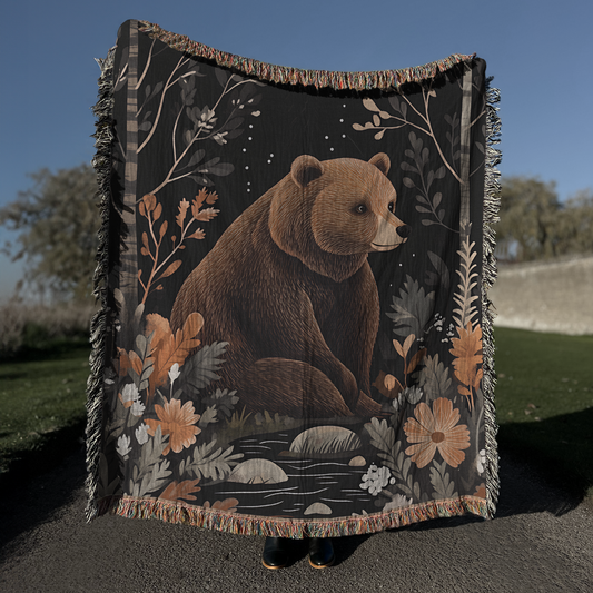 Woven Blanket - Grizzly Bear Cottagecore Scandi Style Woven Blanket