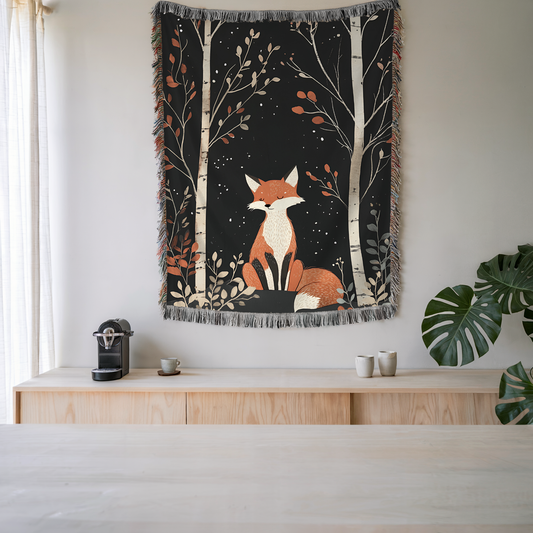 Fox and Birch Trees Scandi style Woven Blanket