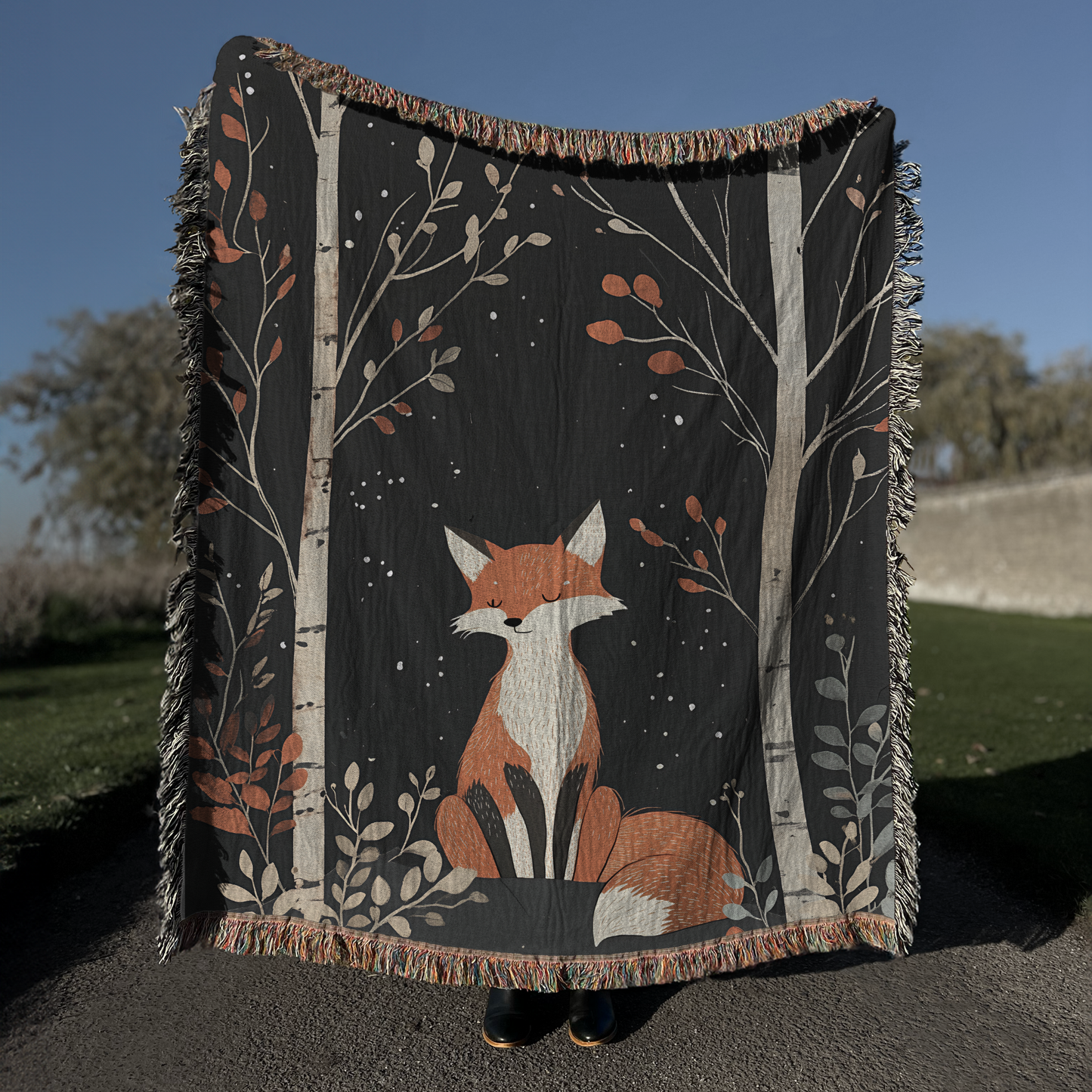 Fox and Birch Trees Scandi style Woven Blanket