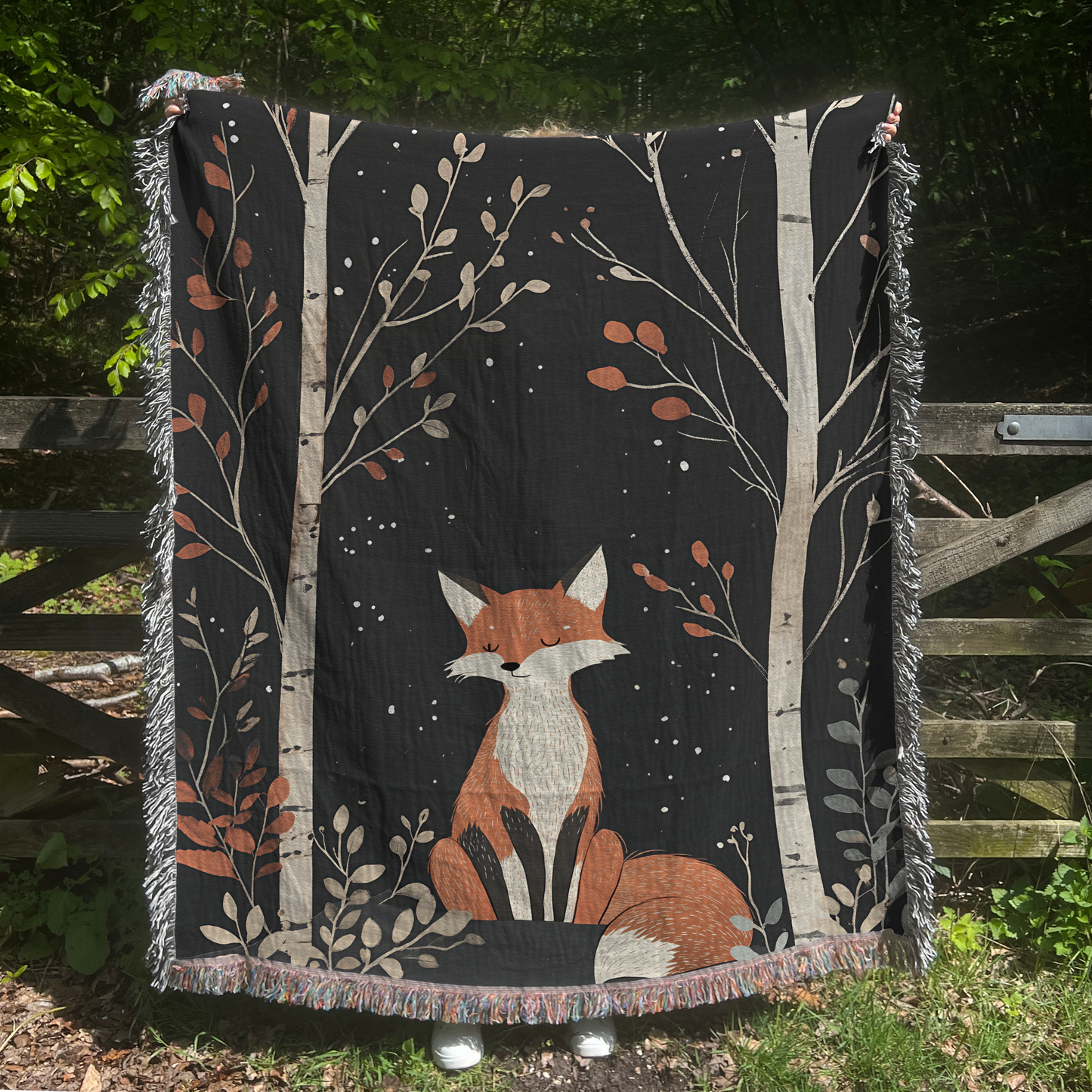 Fox and Birch Trees Scandi style Woven Blanket