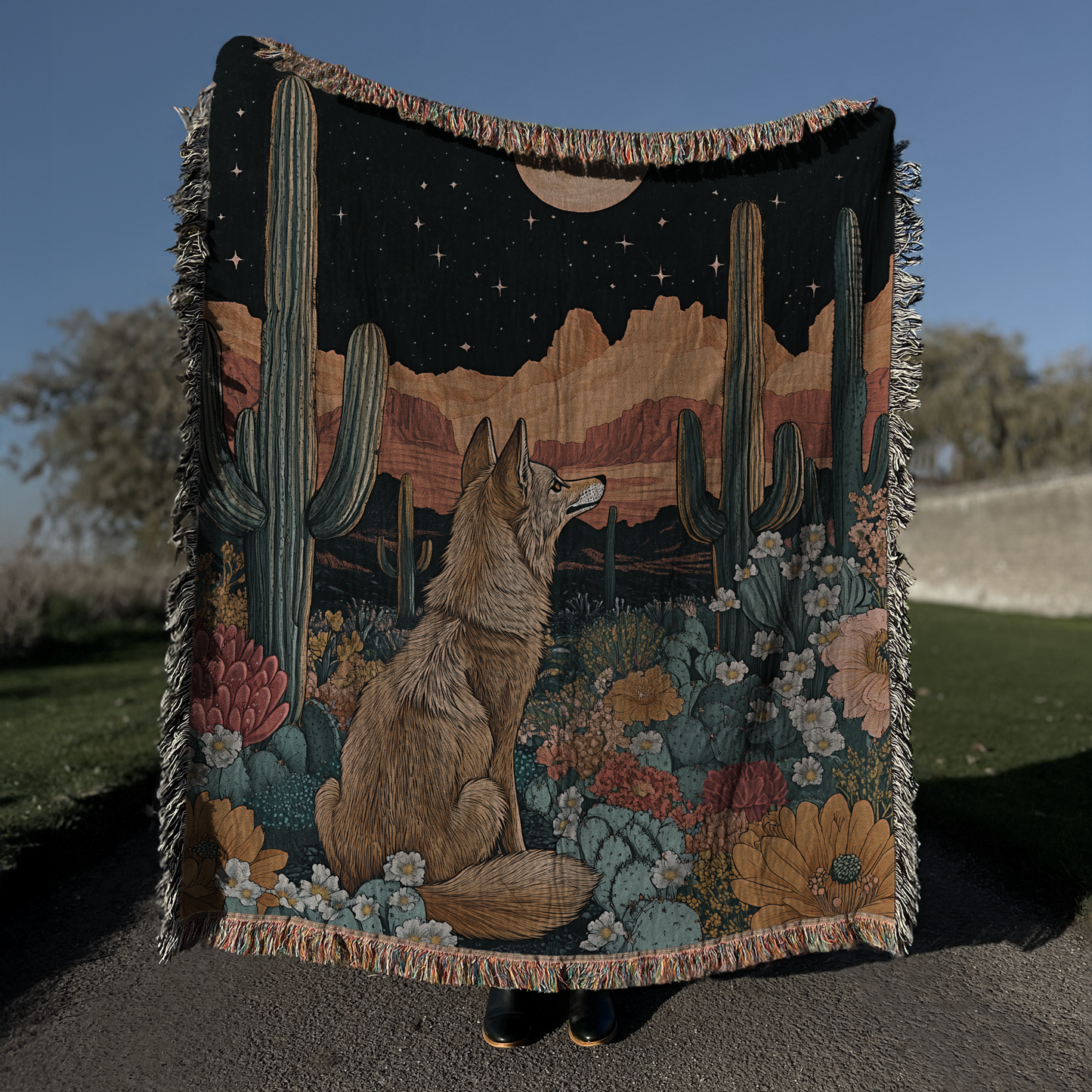 Coyote Howling at Moon Desert with Desert Flowers Woven Blanket