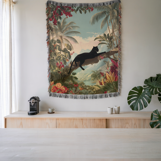 Tropical Black Panther Jungle Art Woven Blanket