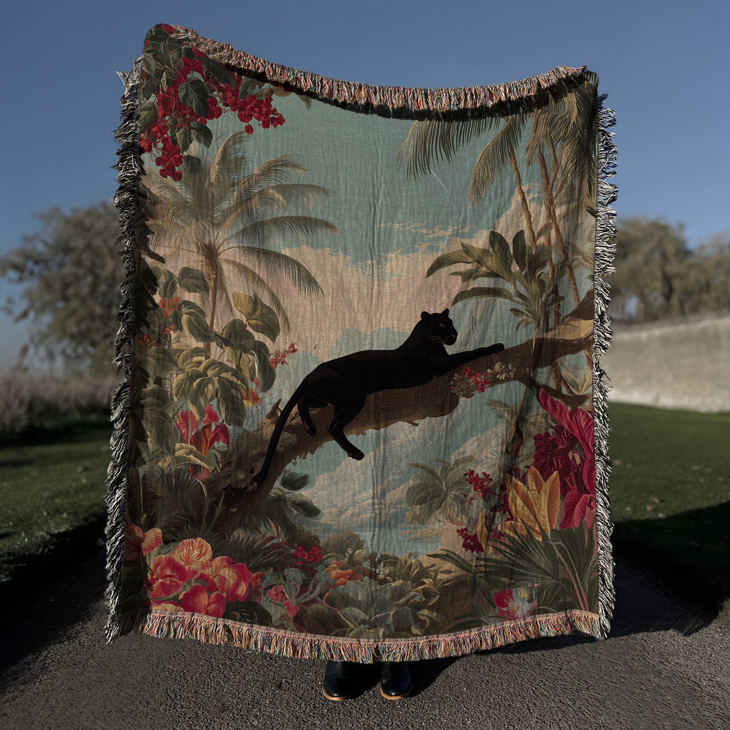 Tropical Black Panther Jungle Art Woven Blanket