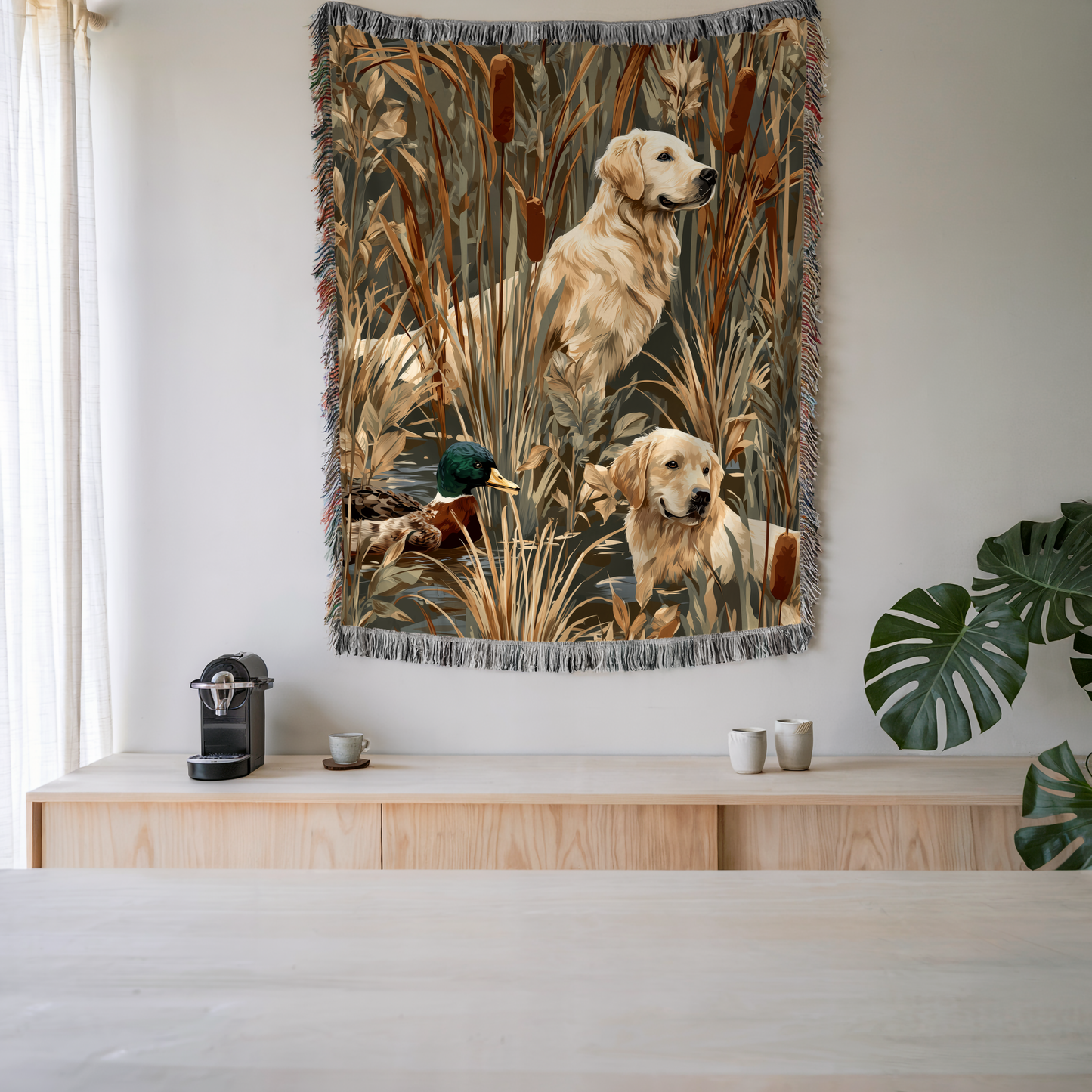 Golden Retriever and Duck Outdoors Pattern Woven Blanket